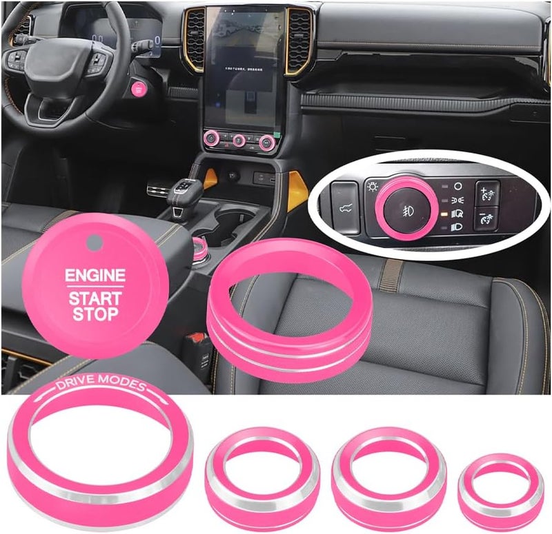 HDUFC for Ford 2024 2025 Ranger, air Conditioning, Volume Control, Push-Button Start, 4WD and Headlight switches, 7 Pieces of Aluminum Alloy knob Cover Decoration (Pink) - Image 1